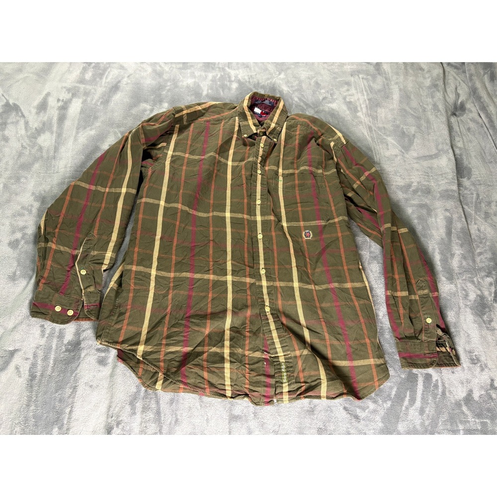 Tommy Hilfiger Mens Vintage Plaid Button Down Shirt M Olive Green Crest Logo